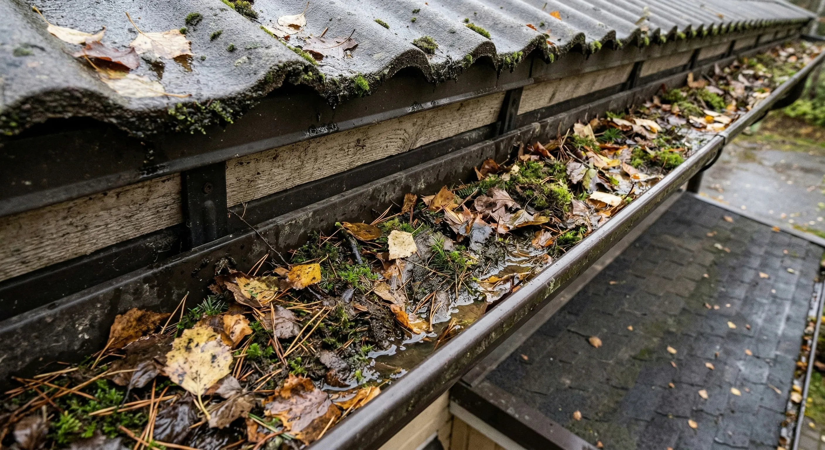 Tukkeutunut ränni ennen puhdistusta — lehtiä, neulasia ja lietettä